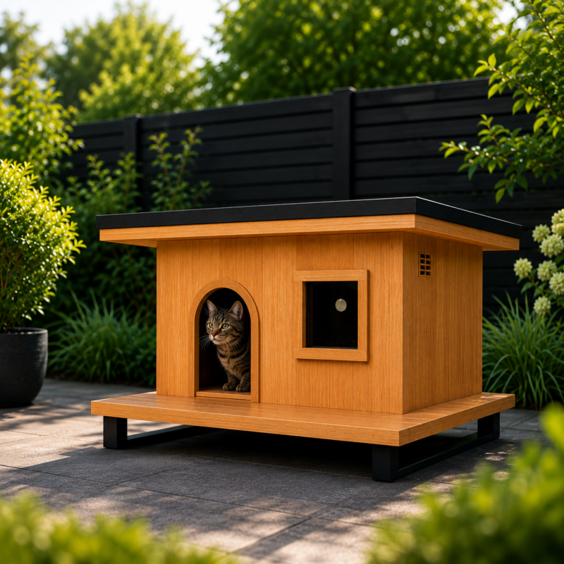 Pet Habitat CORE Premium Outdoor-Katzenhaus mit Katze auf moderner Terrasse
