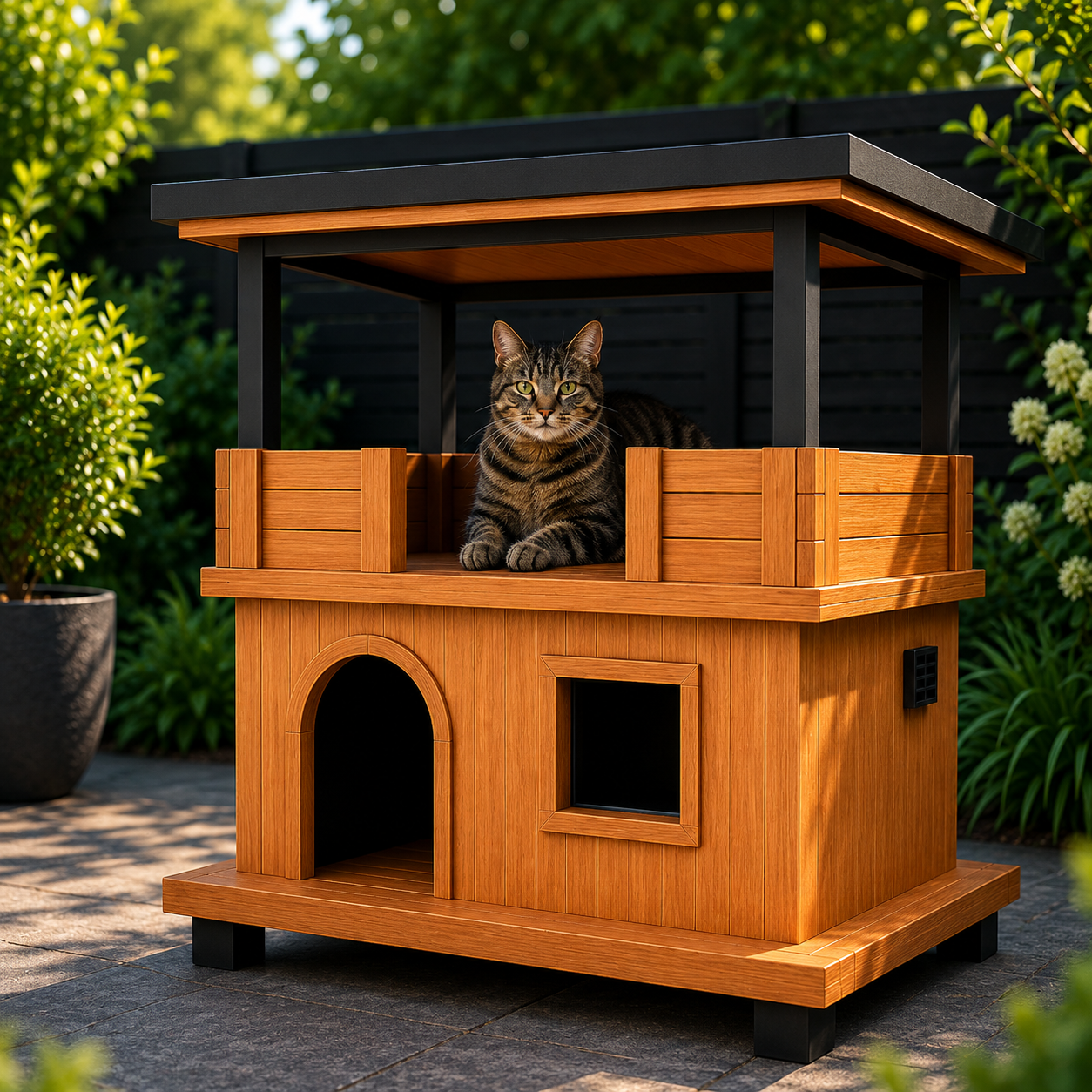 Pet Habitat LOFT Premium Outdoor-Katzenhaus mit Dachterrasse und Katze im Garten