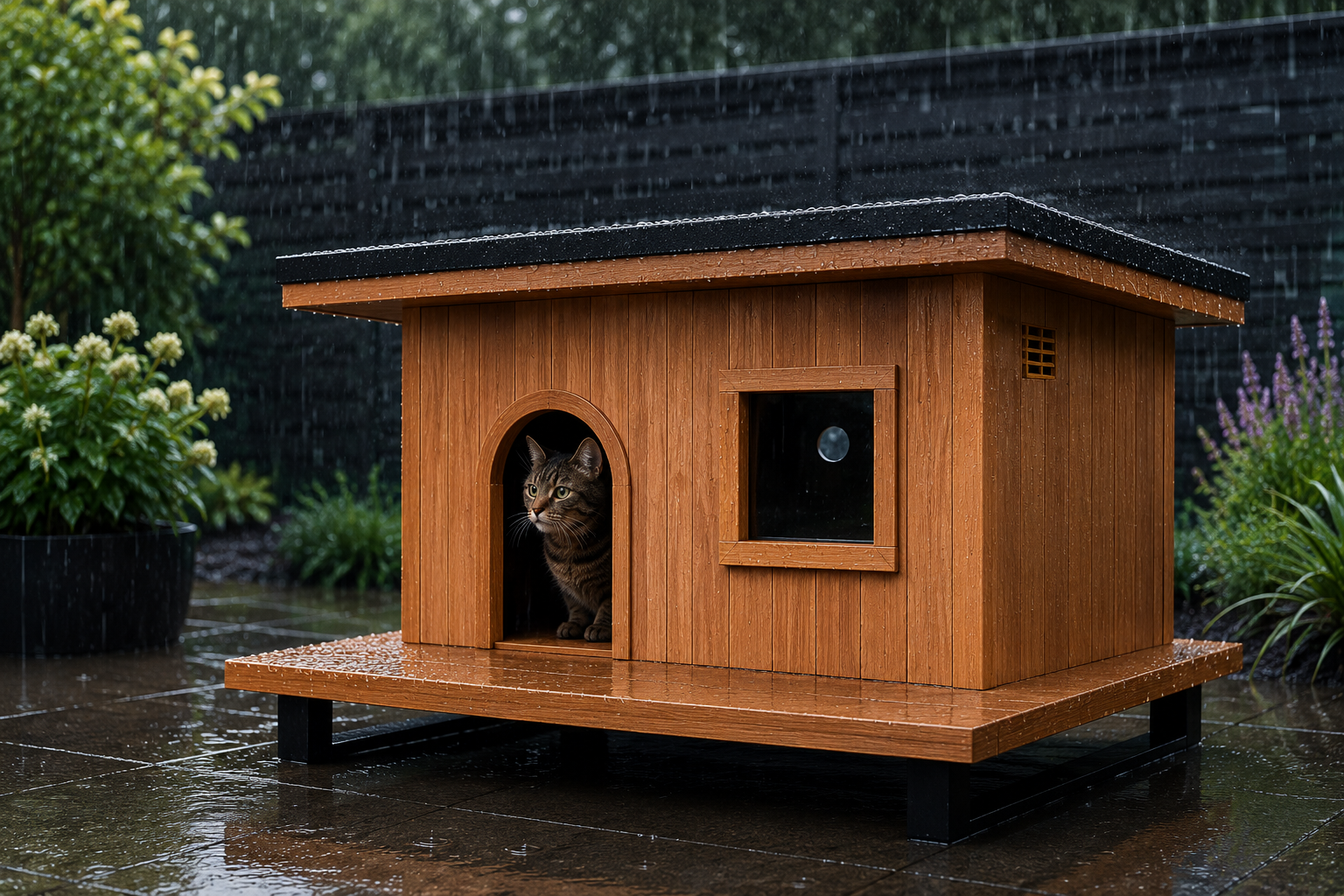 Freigängerkatze sitzt während eines Regenschauers im wetterfesten Outdoor-Katzenhaus CORE von Pet Habitat und bleibt geschützt vor Wind und Nässe.