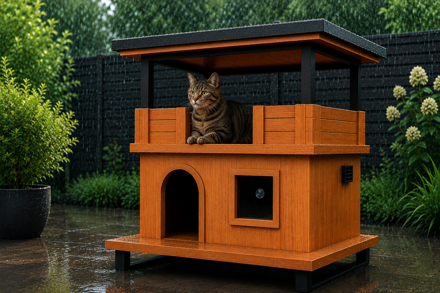 Pet Habitat LOFT Premium Outdoor-Katzenhaus mit Dachterrasse und Katze im Winter