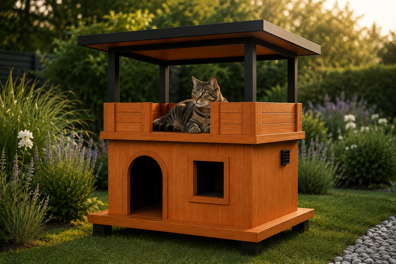 Das Outdoor-Katzenhaus LOFT von Pet Habitat in einer Gartenlandschaft. Eine Freigängerkatze entspannt auf der erhöhten Dachterrasse.