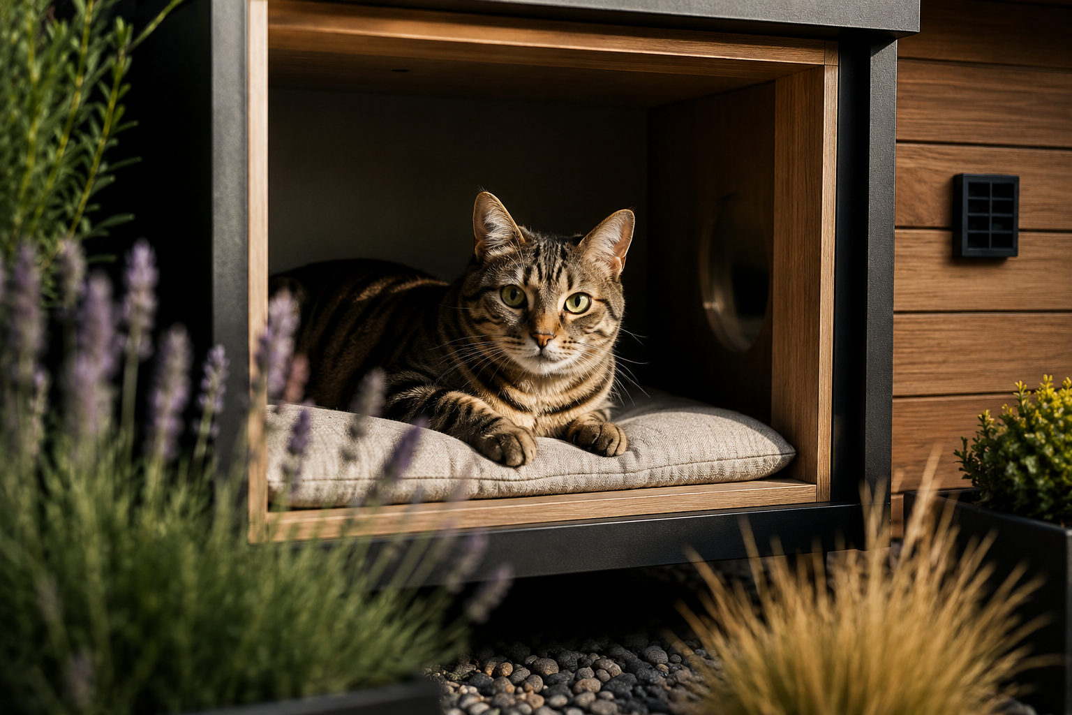 Freigängerkatze ruht im geschützten Innenraum des Outdoor-Katzenhauses LOFT auf einem weichen Liegekissen.