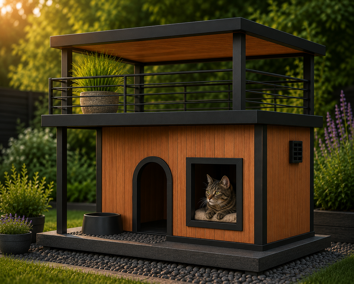 Katze beobachtet ihre Umgebung aus dem geschützten Innenbereich des Outdoor-Katzenhauses LOFT von Pet Habitat.
