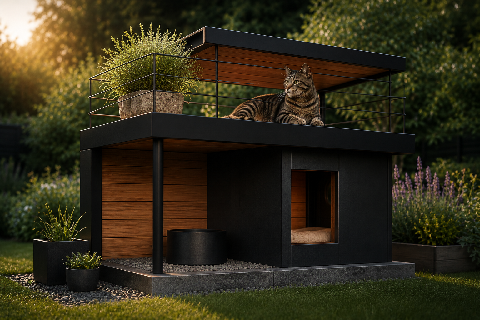 Katze entspannt auf der erhöhten Dachterrasse des modernen Outdoor-Katzenhauses LOFT in einem naturnahen Garten.