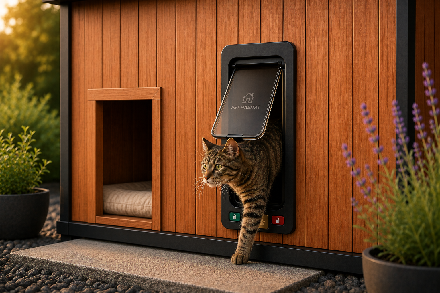 Freigängerkatze verlässt das Outdoor-Katzenhaus LOFT durch eine integrierte Mikrochip-Katzenklappe.