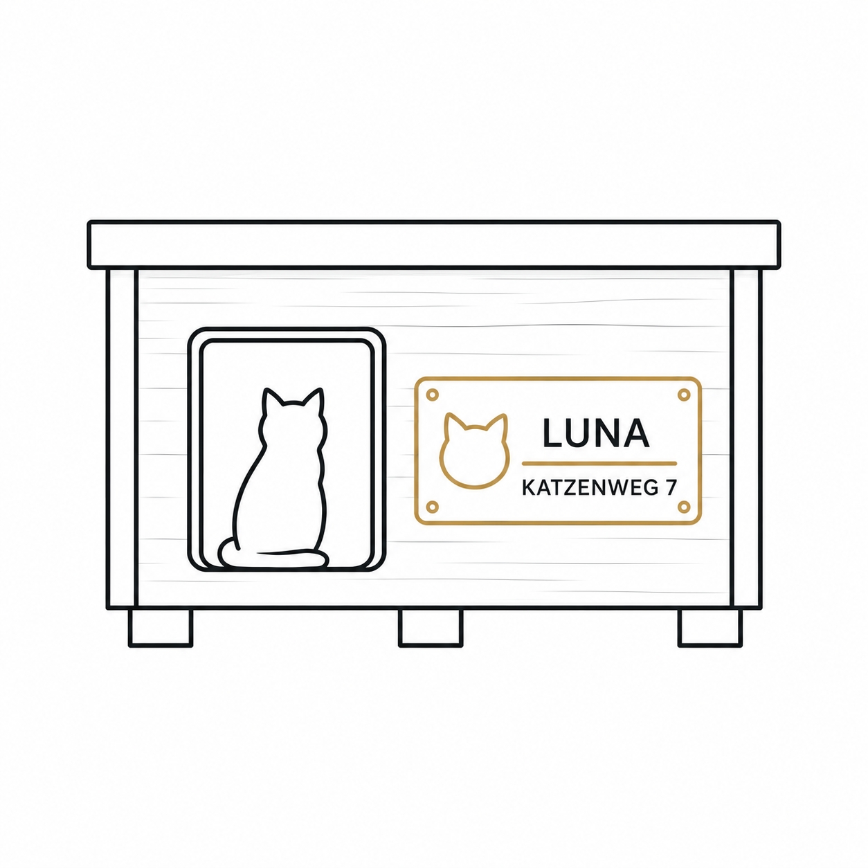 Katzenhaus mit personalisierbarem Namensschild inklusive Katzenname und Beschriftung.